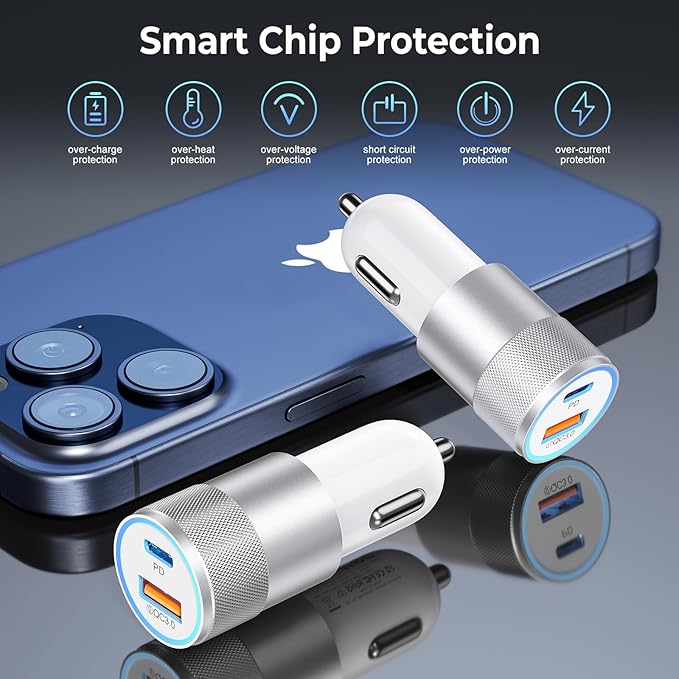 Car Charger USB C 6-Pack, Ancekoy 38W Dual Port Cigarette Lighter with PD3.0 + QC3.0 Type C Car Charger Adapter iPhone 16/15 Pro Max/Samsung Galaxy S24/S23/S22Plus/Ultra/,iPad Pro(White)