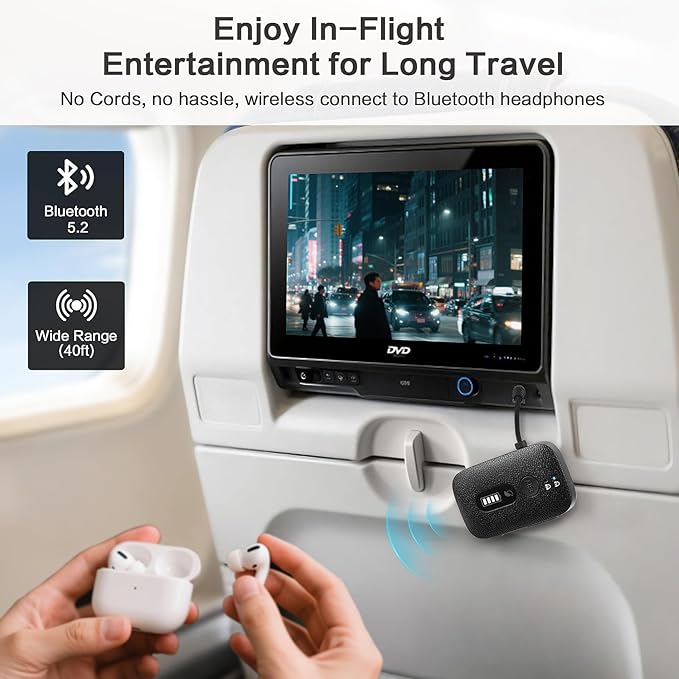 SIMOLIO Airplane-Bluetooth-Adapter for AirPods/Headphones, 20 Hr Battery, Supports 2 Earbuds/Wireless Headphones, 3.5mm AUX Wireless Audio Transmitter for TV, Gym Equipment, Controller, MP3 Player