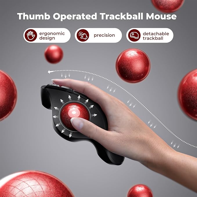seenda Wireless Trackball Mouse Ergonomic - Bluetooth Rollerball Mouse Rechargeable, Multi Devices Connection Thumb Control Mice Compatible for Mac/Android/Windows Computers - Black&Red