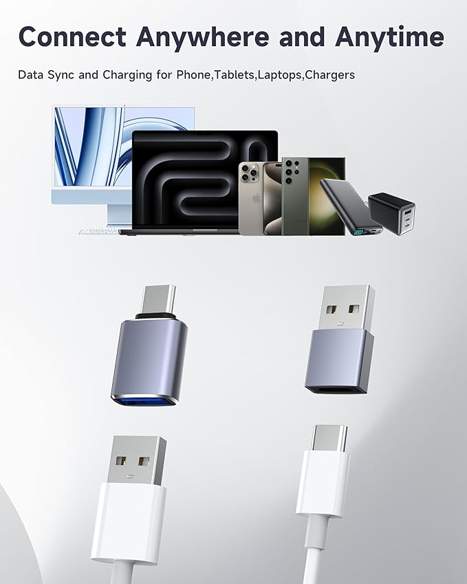 LERTOSN 4 Pack USB to USB C Adapter, USB 3.0 & USB C to USB A Adapter, OTG Converter for iPhone 16/15/14, MacBook Pro/Air 2024, Samsung S25/S24, Car Charger,Fast Data Transfer & Charging