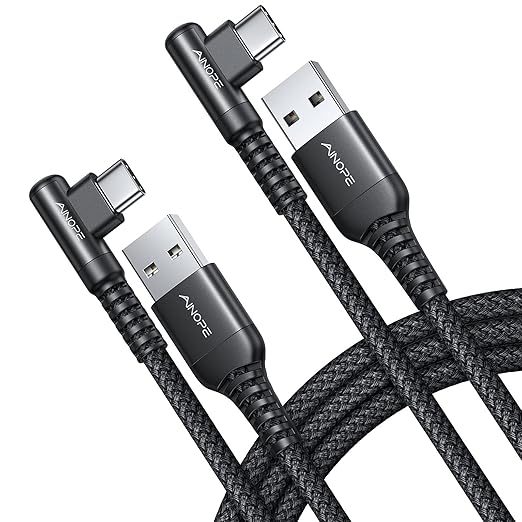 AINOPE USB C Cable Right Angle (2-Pack, 10ft+10ft) 3.1A Type C Charger Fast Charging, Resistant Nylon Braided USB A to USB C Charger Cable (Black)