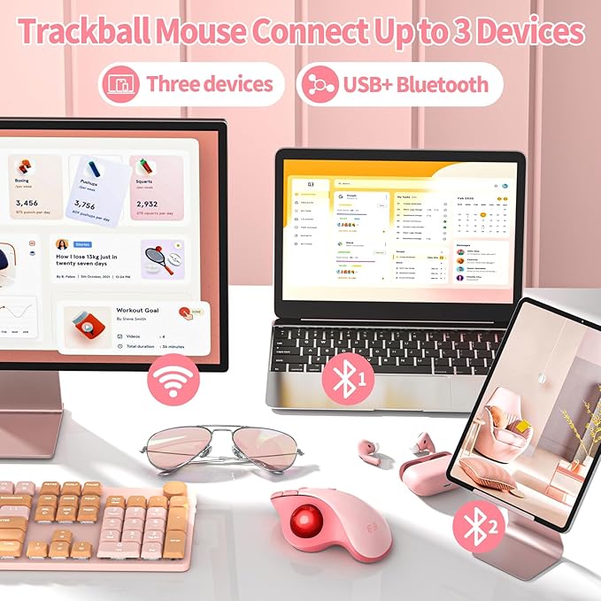 seenda Wireless Trackball Mouse, Bluetooth Ergonomic Rollerball Mouse Rechargeable Multi Devices USB/Bluetooth Connection Thumb Control Mice Compatible for Mac/Android/Windows Computers, Pink