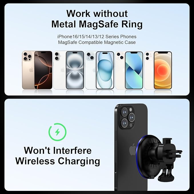 15W Magnetic Car Mount Wireless Charger for Samsung Galaxy S25 Ultra Z Fold7 Flip7 S24 FE S23 Plus S22 S21 MagSafe Wireless Charger Air Vent Auto Car Phone Holder for iPhone 16e 16 Pro Max/Plus 15 14
