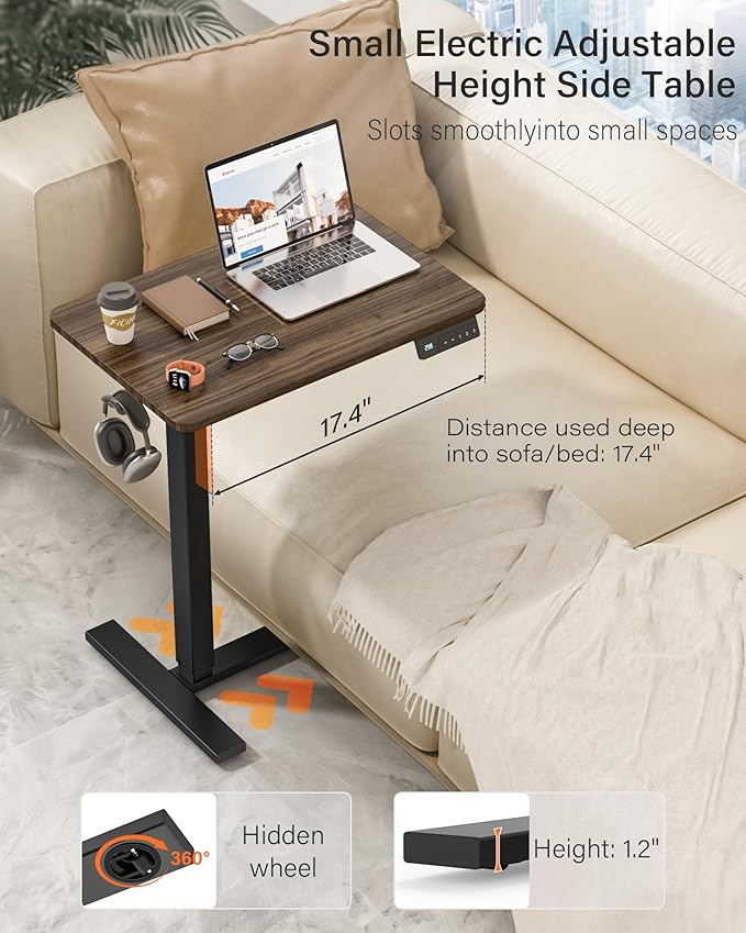 Mobile Standing Desk with Wheels - Electric Height Adjustable Small Movable Laptop Desk, Portable Rolling Computer Workstation Sit Stand Table for Home Office, Sofa & Bedside Use(23.6", Walnut)