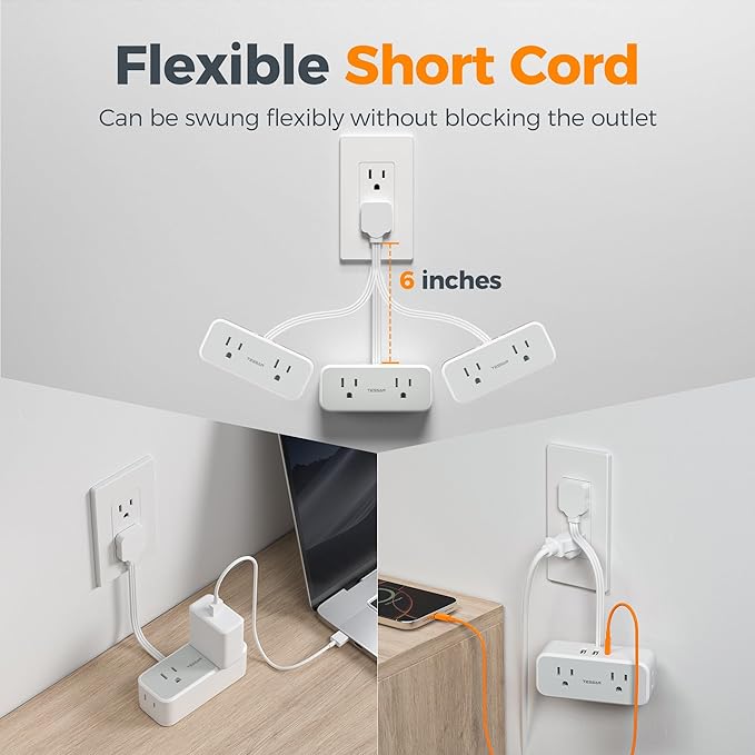 TESSAN Multi Plug Wall Outlet Extender, 6 inch Short Extension Cord, Flat Plug Splitter with 4 AC 3 USB (1 USB C) Charging Ports, Multiple Outlet Small Power Strip for Home Office Dorm Room