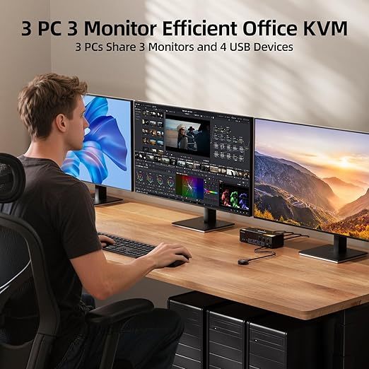 KVM Switch 3 Monitors 3 Computers 8K@60Hz/4K@120Hz, HDMI DP KVM Switches for 3 PC Sharing Triple Monitor and Keyboard Mouse with Power Adapter, Wired Extend Controller and USB3.0 Cables