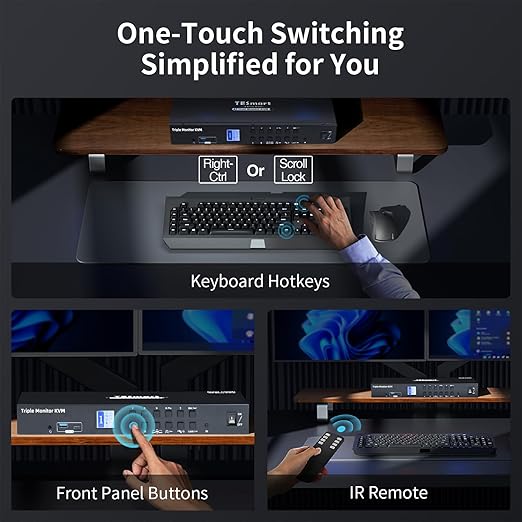 TESmart USB 3.0 HDMI+DP+USB C KVM Switch 3 Monitors 4 Computers 4K@60Hz, 4 Port Triple Monitor KVM Switch Built-in Docking Station, Headset,MST, EDID emulators, Hotkey Switch, Wired Network, Rack-Ears
