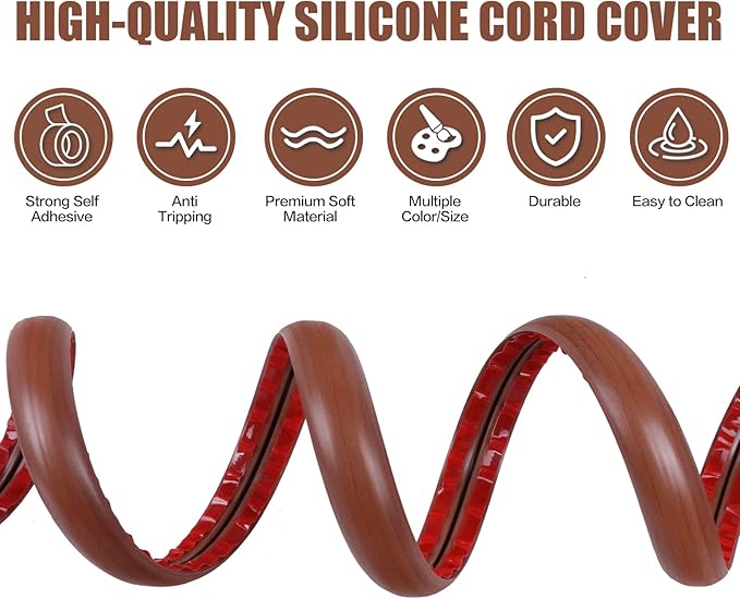 Floor Cord Cover Cavity 0.8"x0.37" Self Adhesive Cord Hider, 10FT Low Profile Cable Management, Extension Strip Protector for Wires, Prevent Cable Trips for Offices, Gyms, Exhibitions（Red Teak）