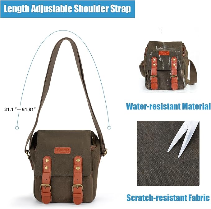 CADeN Compact Camera Bag Case Canvas Leather Trim Compatible for Nikon, Canon, Sony Mirrorless Camera and Lenses Waterproof, Camera Shoulder Messenger Bag (Small 1.0 Brown)