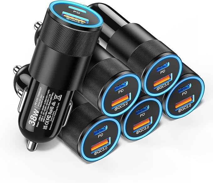 6 Pack USB C Car Charger, Ancekoy 38W Dual USB-C + USB-A Car Charger Adapter Fast Charge PD/QC 3.0 Cigarette Lighter Adapter USB Charger Plug for iPhone 16/15/14/13/12/11/Pro Max, iPad, Samsung,Pixel