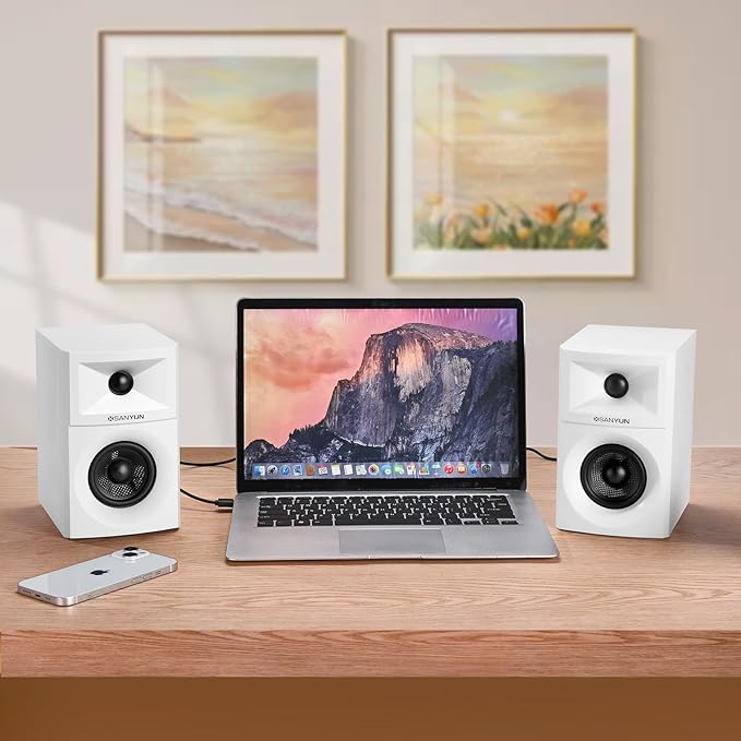 SW203 4.0 Computer Speakers - 60W 4-Way DSP Control 3D Immersive Sound - 3" Carbon Fiber Woofer & 20mm Silk Dome Tweeter - 24bit DAC USB/Bluetooth 5.4/AUX - Studio-Grade Audio (Pair, White)