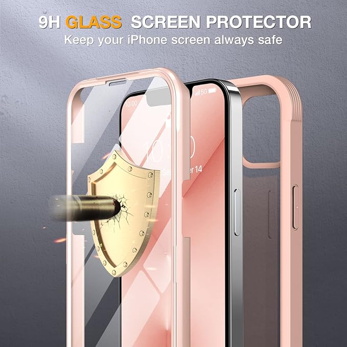 Miracase Glass Case for iPhone 13 Pro Max 6.7 inch, Upgrade Full-Body Clear Bumper Case with Built-in 9H Tempered Glass Screen Protector for iPhone 13 Pro Max, Pink