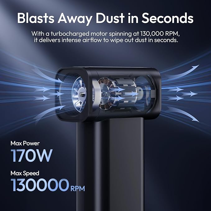 ULANZI AD02 Storm Electric Air Duster V2, 13W High-Speed Compressed Air Duster, 12.5W Fast Charge, Variable Speed, with 200-Mesh Filter & LED Light, Portable Mini Dust Blower for Camer Cleaning