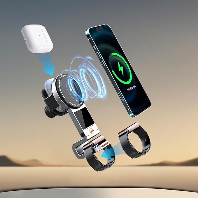 3 in 1 Wireless Car Charger, 15W Fast Charging Phone Holder Foldable Magnetic Mount Fit for All iPhone Android Phone, iWatch, Airpods Wireless Earphone
