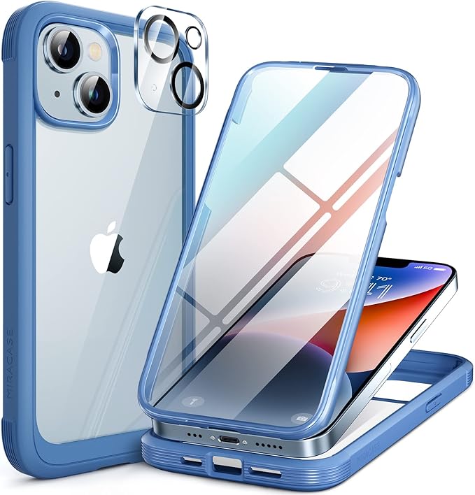 Miracase Glass Series for iPhone 14 Case 6.1 inch, [Built-in Tempered Glass Screen Protector] [Bubble Free] Full-Body Protective Bumper Phone Case with Camera Lens Protector, Blue
