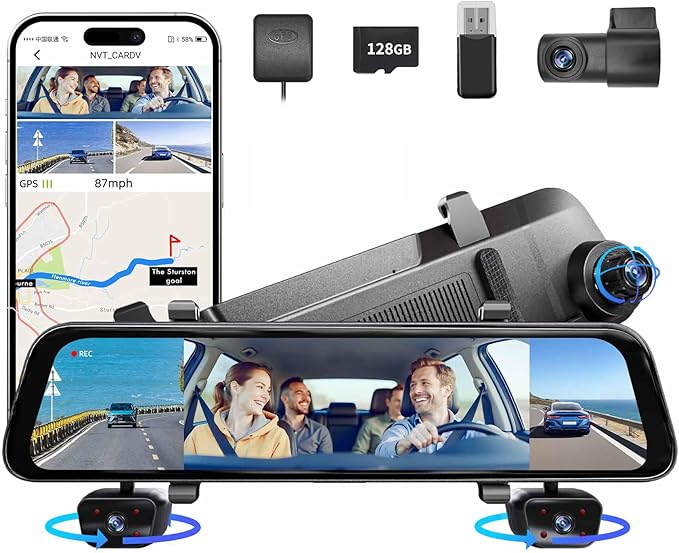 2025 Rearview Mirror Camera for Cars,12'' Mirror Dash Cam 4 Channel, 360 Dashcam Front Rear Inside,Touch Screen Backup Camera,IR Night Vision,WiFi,APP,GPS, 24/7 Recording Parking Monitor,Free 128GB SD