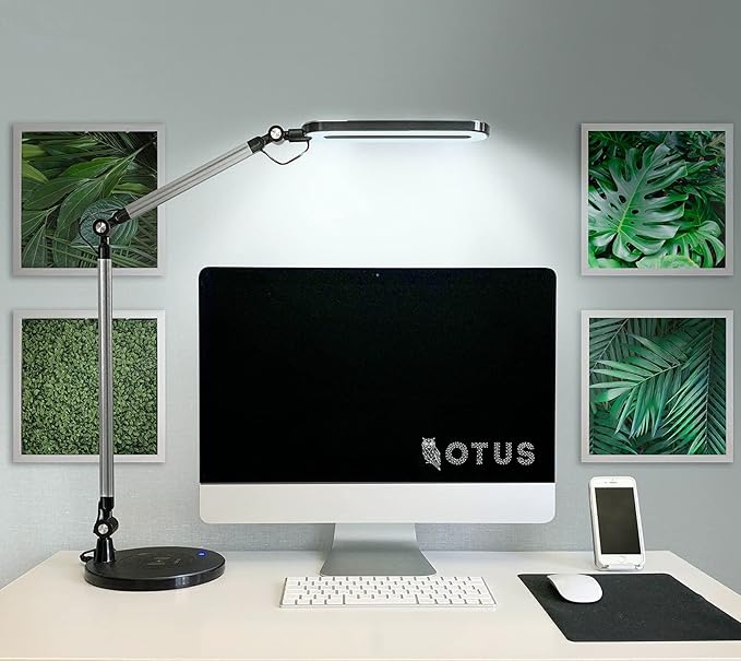 OTUS LED Desk Lamp for Home Office with Wireless Charger | 3 Color & 12 Dimmable Levels | Tall Architect Desk Lamp Adjustable Swing Arm | Eye-Care Task Table Lamp for Reading, Study & Video Calls