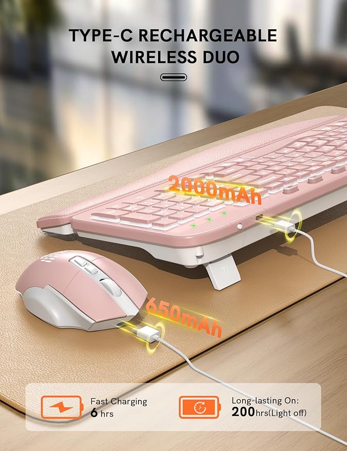 SABLUTE Ergonomic Wireless Keyboard and Mouse Combo - Wave Keyboard with Soft Leather Wrist Rest, Resistant Keys, RGB Backlit Rechargeable Set for PC/Mac/Chromebook (Pink)