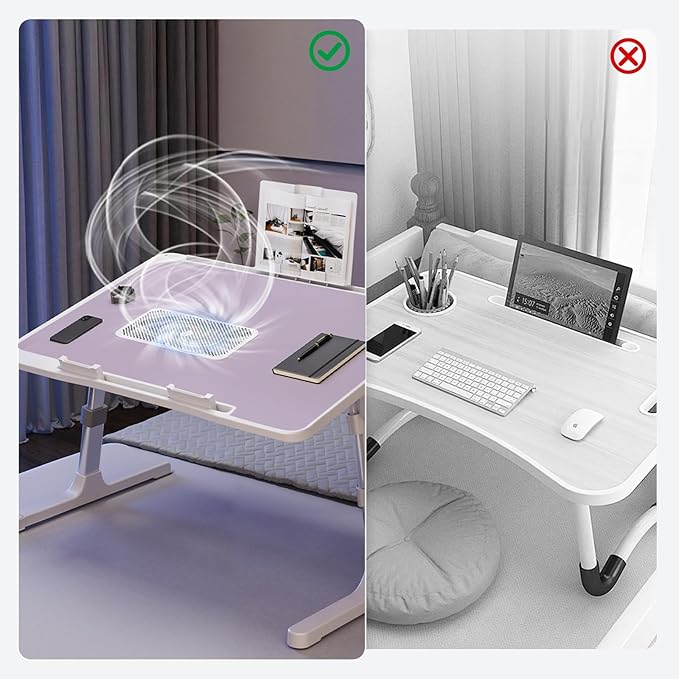 Laptop Lap Desk Include Cooling Fan,Adjustable Lap Desk with Light Fan,Folding Laptop Desk for Bed with USB,Bed Desk with Storage Drawer 56x32cm,Purple