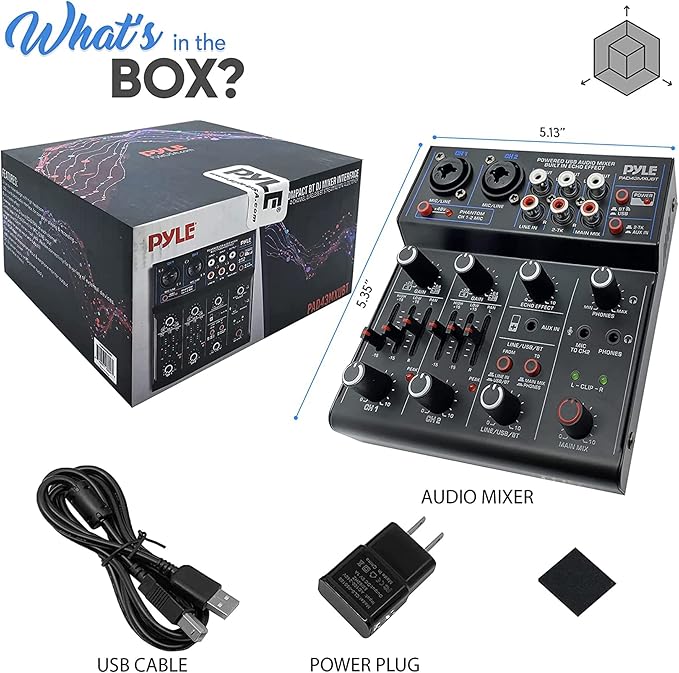 Pyle Professional Wireless DJ Audio Mixer - 4 Channel Bluetooth Controller Sound Mixer, USB Audio Interface, 2 Combo Jack XLR+6.35mm Mic/Line/Guitar in, 3.5mm, RCA AUX, Headphone Jack - PAD43MXUBT