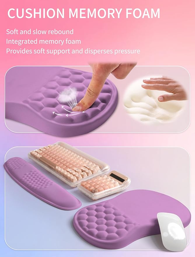 Hokafenle 2in1 Combination, Wave Keyboard Wrist Rest and Ergonomic Curvature Mouse Pad Wrist Support for Relieve Wrist Pain, Filled with Soft Cushion Memory Foam, Purple Lilac