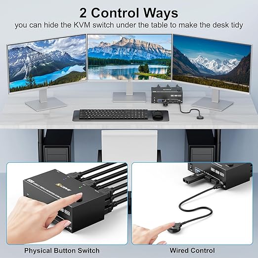 HDMI Displayport KVM Switch 3 Monitors 2 Computers 8K@60Hz/4K@144Hz, USB3.0 KVM Switches for 2 PC Sharing Triple Monitor and Keyboard Mouse with Power Adapter,Wired Extend Controller and USB3.0 Cables