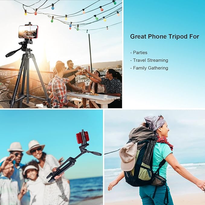 55" Phone Tripod, PHOPIK Aluminum Extendable Tripod Stand with Shutter, Carrying Bag, Compatible with iPhone/Android/Sport Camera&Insta 360 x5 Perfect for Video Recording/Selfies/Live Stream/Vlogging