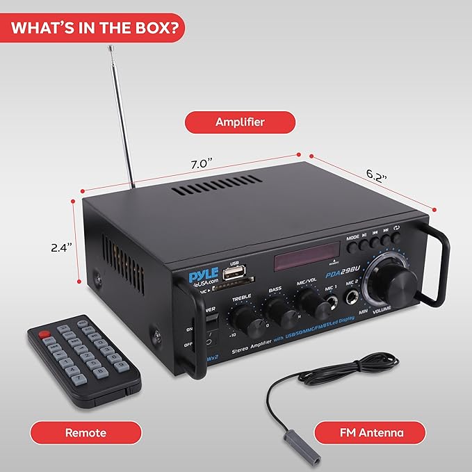 Pyle 200W Wireless Bluetooth Stereo Power Amplifier - 2-Channel Audio Receiver with RCA - USB - SD - MIC IN - FM Radio - Remote Control - AUX Input for Home Theater & Studio Use - PDA29BU.6