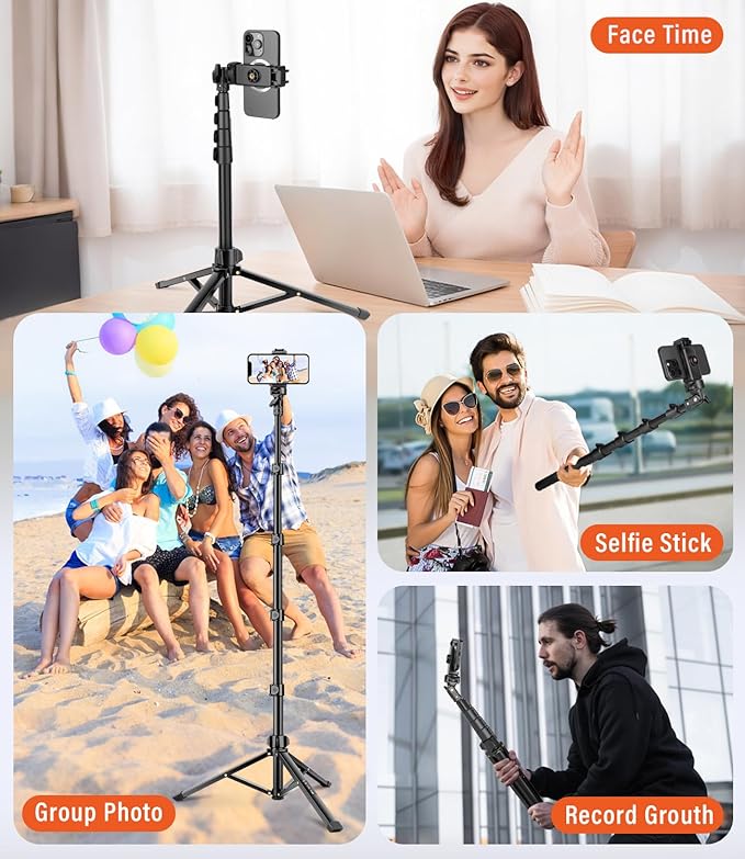Phone Tripod, 86" Tall Tripod Stand with Gooseneck, Remote and Phone Holder, Suitable for Recording Fitness Vlog Watching Cooking, Compatible with Smartphone, Camera