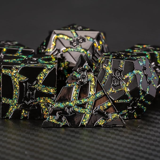 7PCS DND Dice Set,Metalli Crack Stripe Dice Set with Gift BOC,Dungeons and Dragons Polyhedral Metal Dice for RPG Board Games (Black Nickel Yellow)
