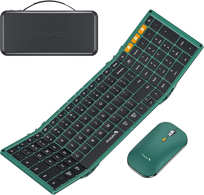 ProtoArc Foldable Keyboard and Mouse, XKM01 True Full-Size Folding Wireless Keyboard Mouse Combo for Business Travel, a Portable Office Suite On-The-Go, Compatible with Laptop iPad Tablet - Green