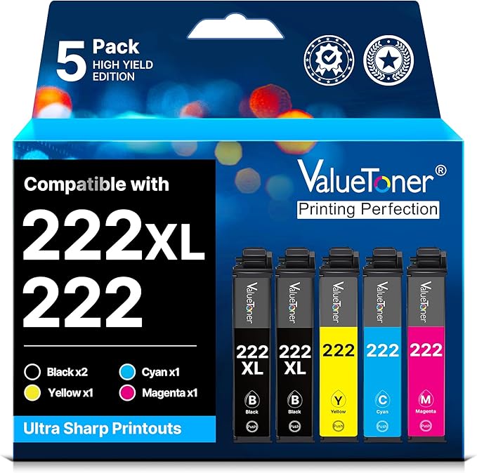 Valuetoner 222XL (5-Pack) High-Capacity Black & Standard Color Remanufactured for Epson 222 Ink Cartridges 222XL Work with Workforce WF-2960 Expression XP-5200 (2 Black, 1 Cyan, 1 Magenta, 1 Yellow)
