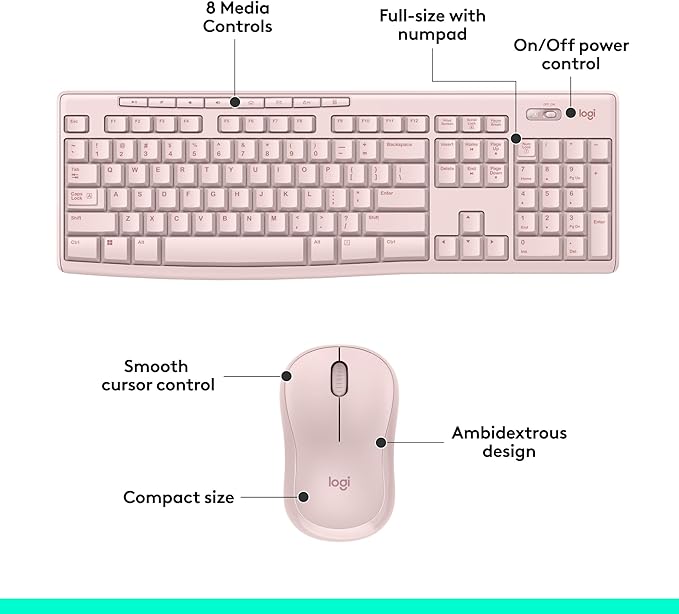 Logitech MK270 Wireless Keyboard and Mouse Combo for Windows, 2.4 GHz, 8 Multimedia Keys, PC, Laptop, Wireless Keyboard Compact Mouse Combo - Rose