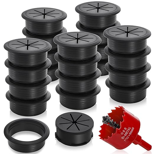 20 Pack Desk Grommets, 2 Inch Desk Cable Hole Cover with Built-in Hole Saw, Wire Cord Cable Grommet for Home Office, Black