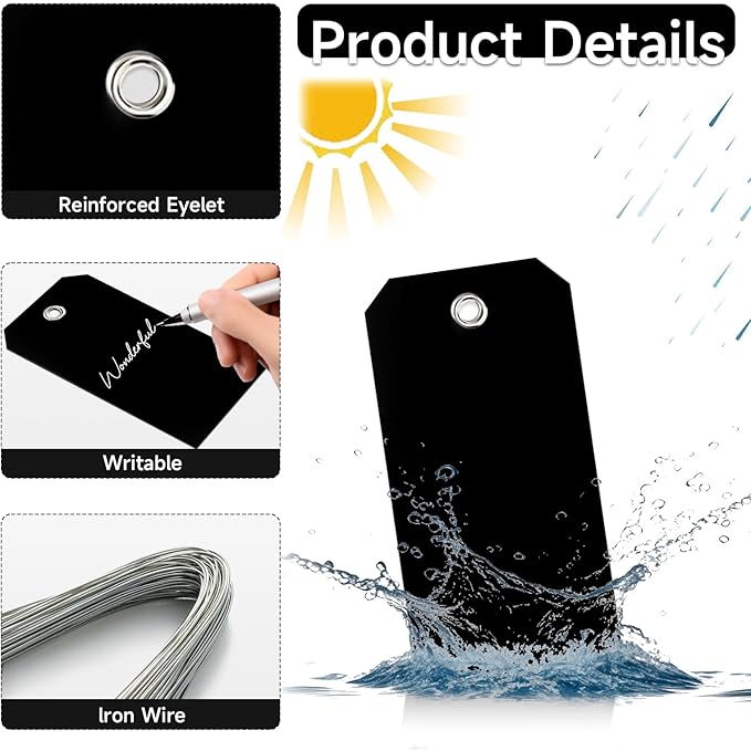100 Pcs Waterproof Hanging Price Tags with String Attached - Black, 4 3/4" x 2 3/8" for Retail, Engraving, Gift, Equipment, Garage, Shelf Parts