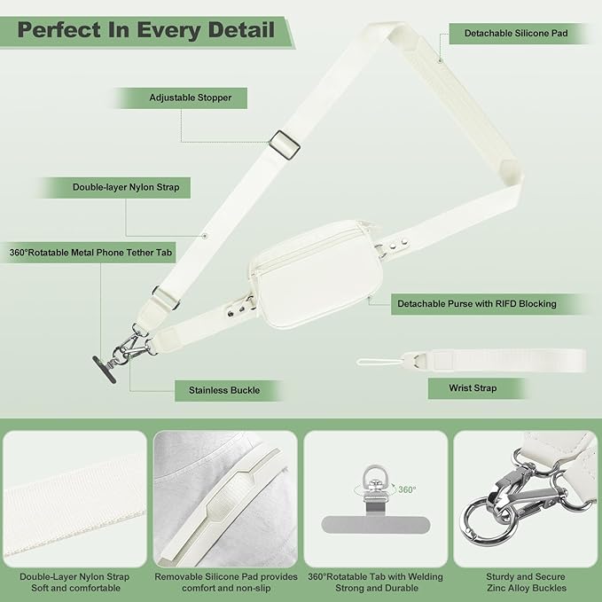 Clip and Go Strap for Phone with Wallet Crossbody, Adjustable Phone Lanyard with Detachable RFID Wristlet Wallet & Ultra-Thin 360° Rotatable Metal Tabs for All Smartphones (Cream)