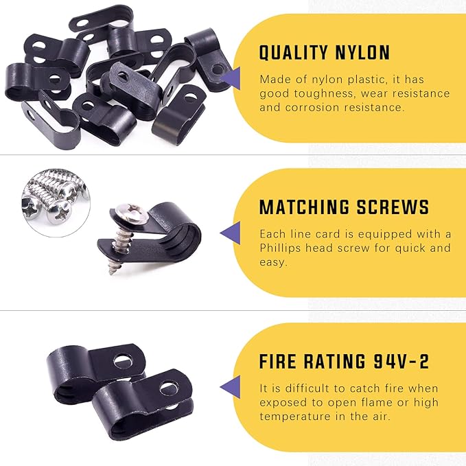 Swpeet 120 Pack Black 5/16 Inch Nylon Plastic R-Type Cable Clips Clamp Kit, Nylon Screw Mounting Cord Fastener Clips with 60 Pack Screws for Wire Management (5/16 Inch, Black)