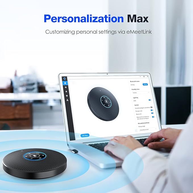 Bluetooth Speakerphone - eMeet M2 Max Professional Conference Speaker and 4 Directional Mics for up to 15 People Business Conference Calls High Volume Noise Reduction Daisy Chain Dongle Home Office