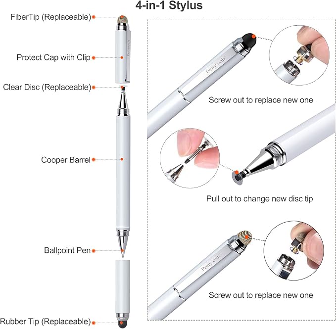 Stylus Pen for Touchscreen - Versatile 4 in 1 High Sensitivity and Precision Tablet Stylus Pen, Universal for iPad,iPhone,Samsung,Android All Capacitive Touch Screens-White