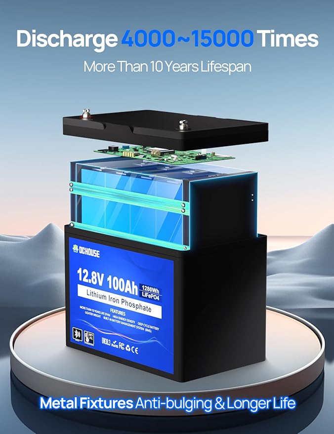 DC HOUSE 12V 100Ah LiFePO4 Lithium Battery, Bluetooth & Low Temp Cut-Off, Group 31 Lithium Battery, Up to 15000 Cycles, 100A BMS, Perfect for Trolling Motors, Marine, Boat, Solar