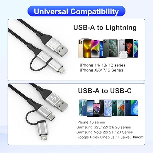 USB to USB-C and Lightning Cable 2 in 1 Coiled Cable Support Aple Carplay & Android Auto [MFi & 3A Fast Charge & Data Sync] Coiled Lightning and USB C Cable for iPhone 17/16/15/14/13/Android, Silver