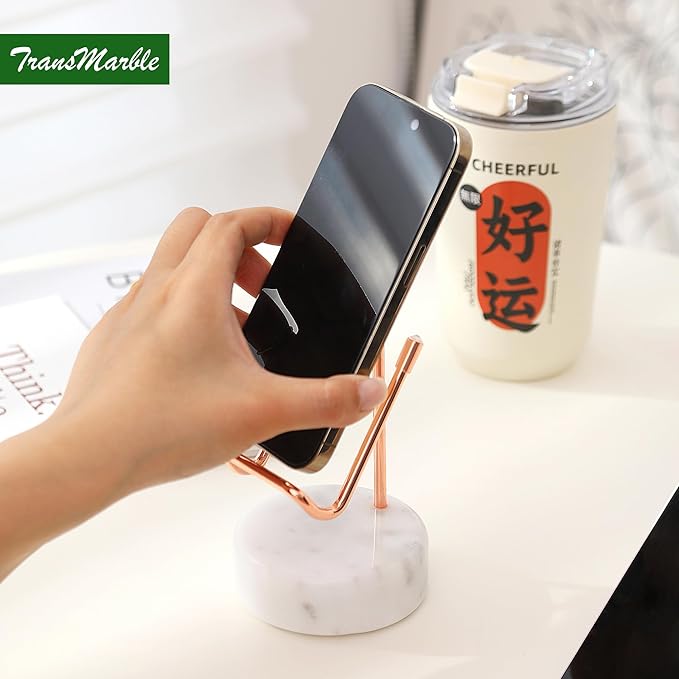 Marble Phone Stand with Metal Holder, Charging Available While Using, Swipe Up to Unlock, Made of Natural Marble as Business Card Holder for Office Desk (Starry White + Rose Gold)