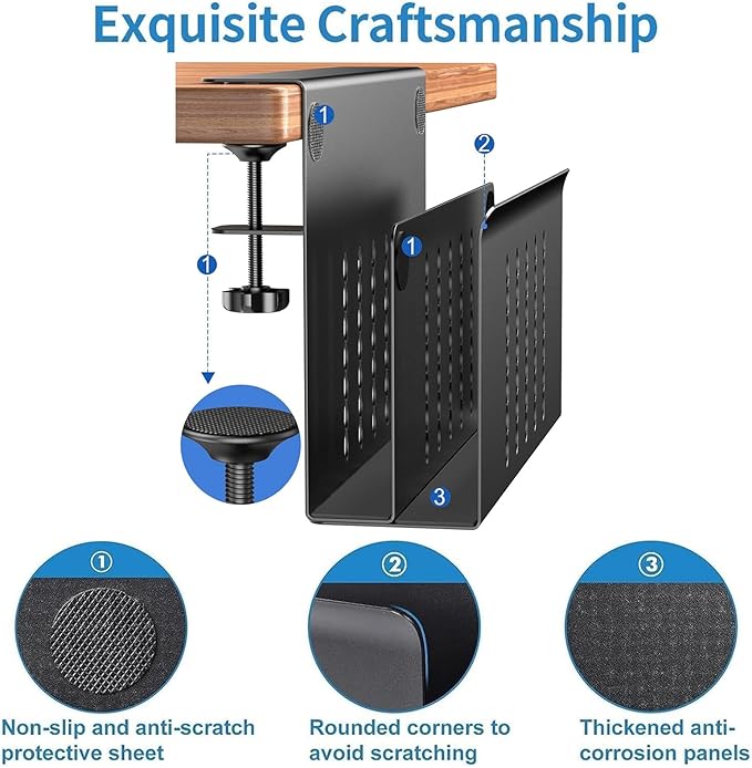 2 Tier Desk Side Storage, Under Desk Laptop Holder with Magnetic Pen Holder, Clamp on Table Organizer, No Drill Hanging Table Organizer for Office and Home Fits Flat Edge 0.3" to 2.3"
