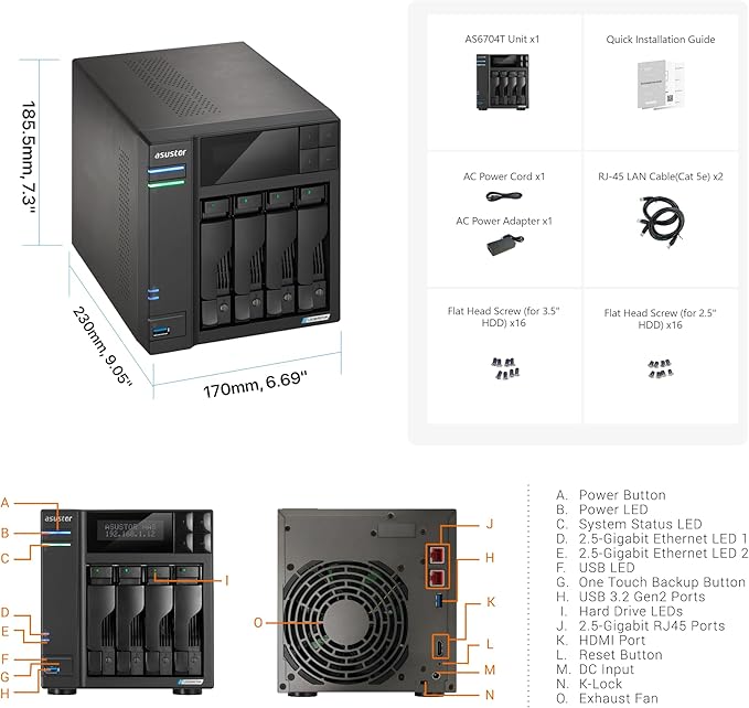 Asustor Lockerstor 4 Gen2 - AS6704T | 4-Bay NAS, Quad-Core 2.0GHz Processor, 4 M.2 NVMe Slots (PCIe 3.0), Dual 2.5GbE, Expandable to 10GbE, 4GB DDR4 RAM, (No Drive)
