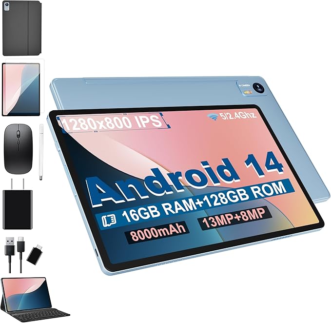 Android 14 Tablet with Keyboard，16GB RAM 128GB ROM 1TB Expand, 8000mAh Battery, 10.1 inch Tablet with 13MP+8MP Camera/Bluetooth/GPS/WiFi/HD Display (Light Blue)