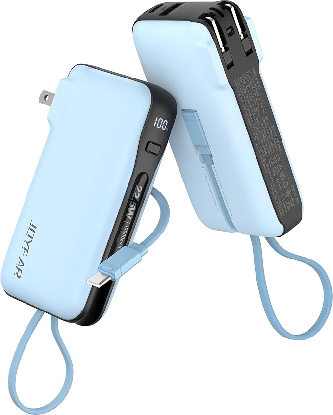 1 Pack Portable Charger with Built-in USB-C Cable & Plug, 10,000mAh 5V/4.5A Power Bank Fast Charging 22.5W, Travel Essential Battery Pack 3 Output for iPhone 16/15 Series, Samsung Galaxy, iPad