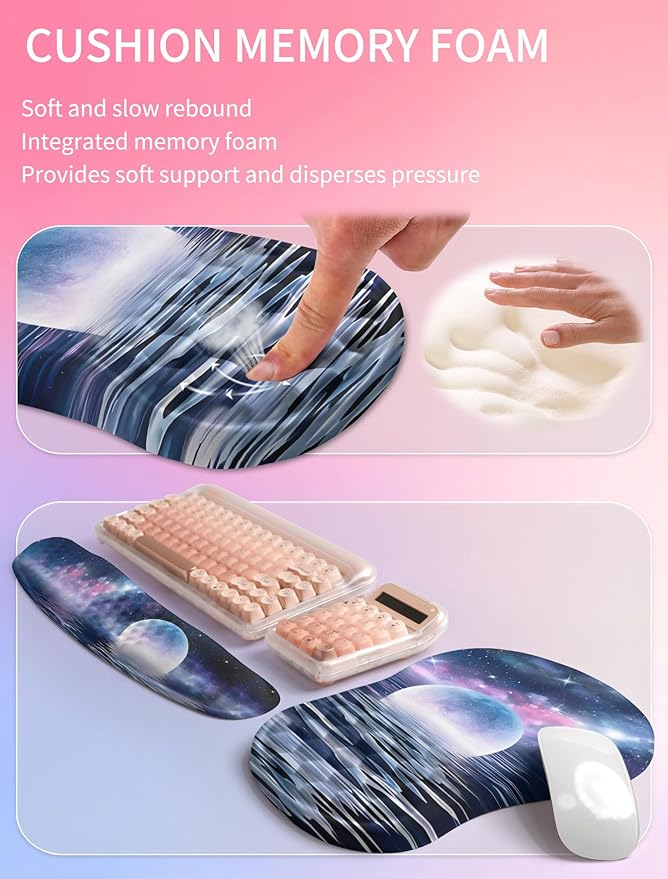 Hokafenle 2in1 Combination, Wave Keyboard Wrist Rest and Ergonomic Curvature Mouse Pad Wrist Support for Relieve Wrist Pain, Filled with Soft Cushion Memory Foam, Moonlit Starry Sea