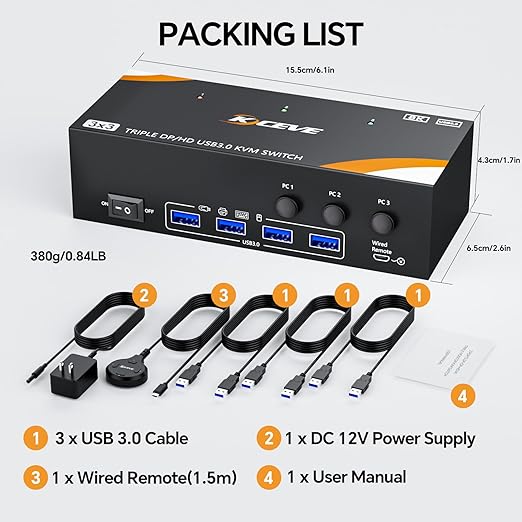 USB 3.0 KVM Switch 3 Monitors 3 Computers Displayport HDMI, Triple Monitor KVM Switch 8K@60Hz 4K@144Hz for 3 Computers Share Mouse Keyboard, Wired Remote and Power Adapter