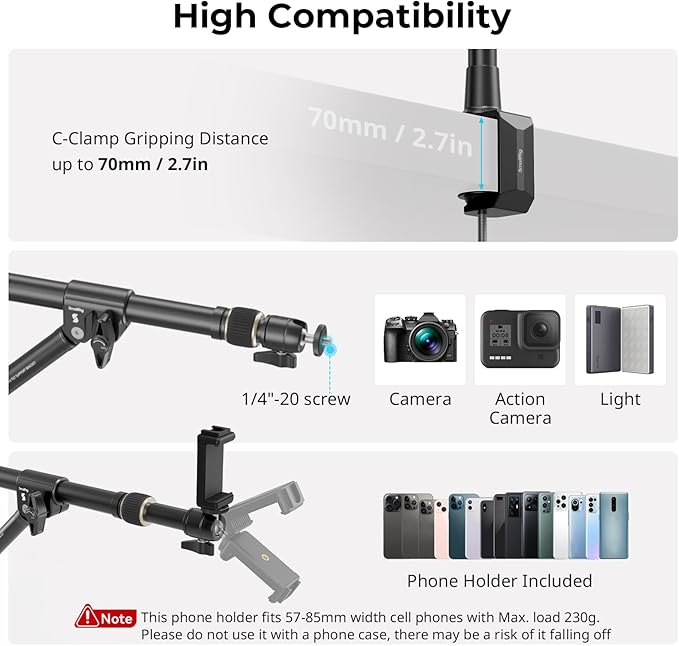 SMALLRIG Triangle Camera Desk Mount, Max. Load 3kg/ 6.6lbs, Overhead Mount with Auxiliary Support Rod, with Phone Holder and Small Ball Head for Camera/Phone/Light/Webcam