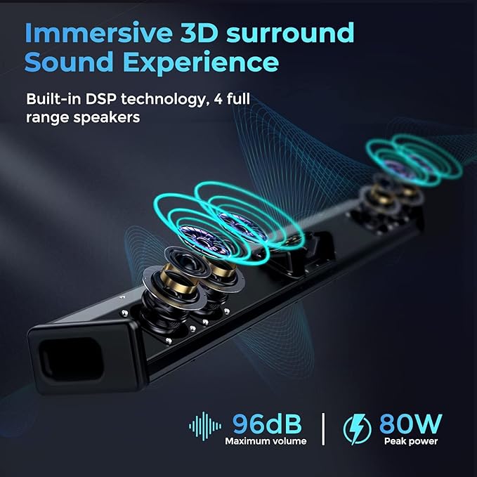 OXS S3 Sound Bars for TV, Home Theater Audio with Dynamic Bass, 3D Surround Sound System TV Sound Bar, TV Speakers, Bluetooth 5.0/Aux/Optical/Coaxial, 80-Watt, 3Eqs, Wall Mountable, Black